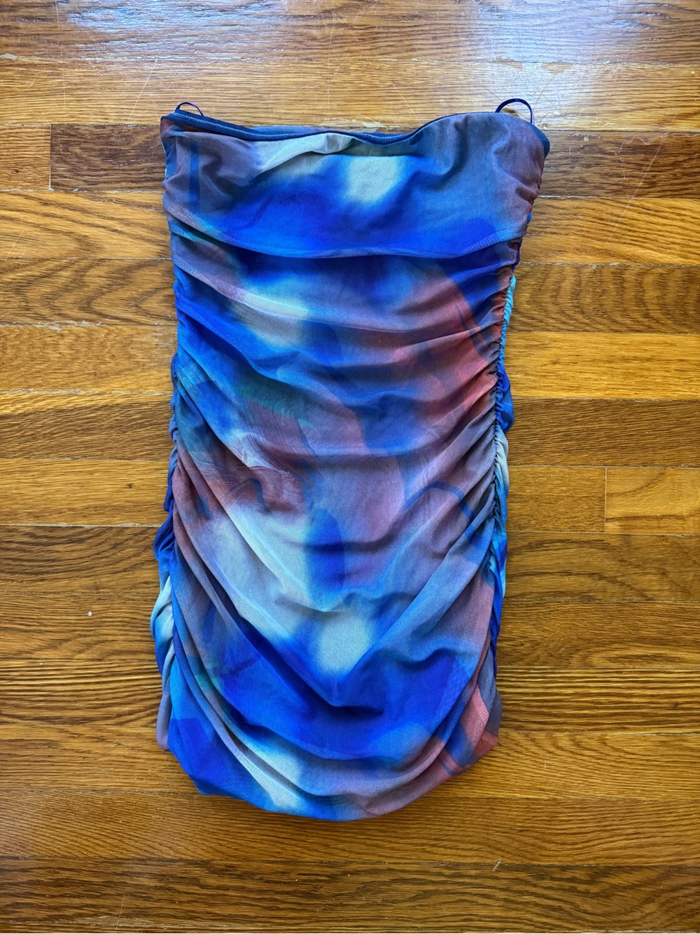 Princess Polly Strapless Watercolor Blue & Red Ruched Dress